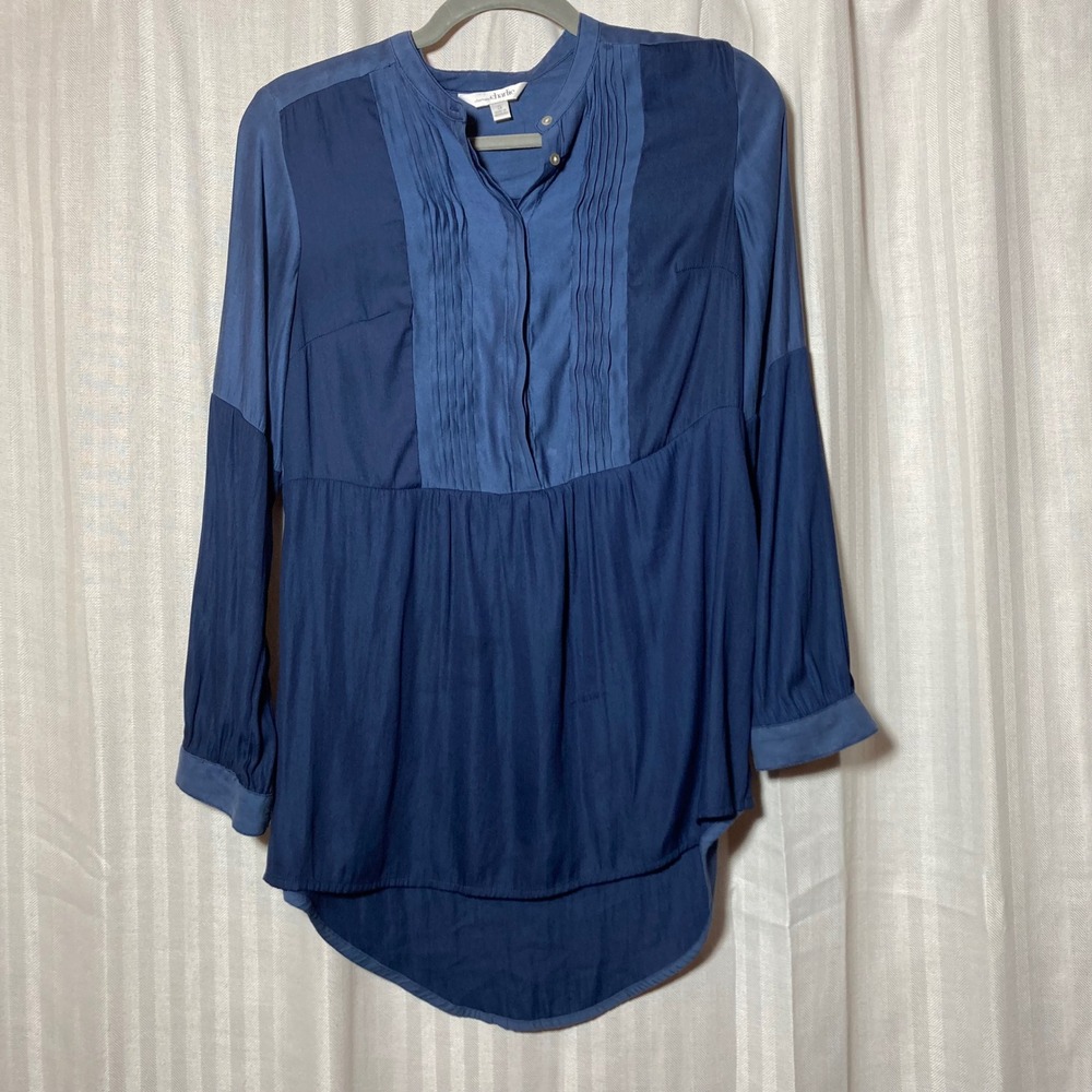 Charming Charlie Navy Blue Colorblock Pintuck High‎ Low Blouse Small